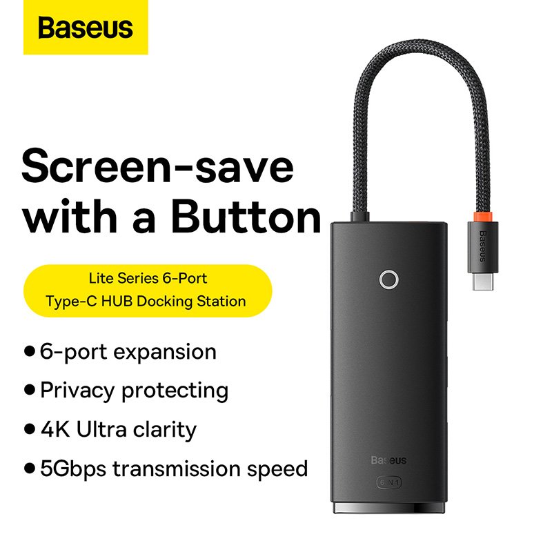 Baseus 6 in 1 Lite / Air Joy Type-C HUB Docking Station (Type-C to HDMI+USB3.0*2+Type-C Data+SD/TF) Black - WKQX050001- 1 Year Warranty - Image 2
