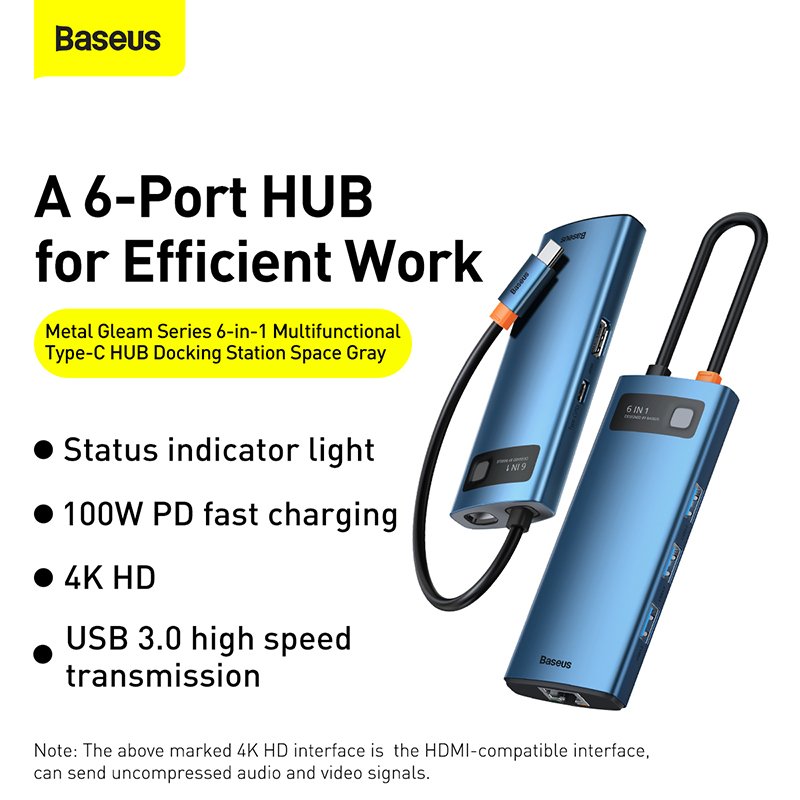 Baseus 6-in-1 Metal Type-C HUB Gleam Series Multifunctional Docking Station Blue - 1 Year Warranty - Image 2