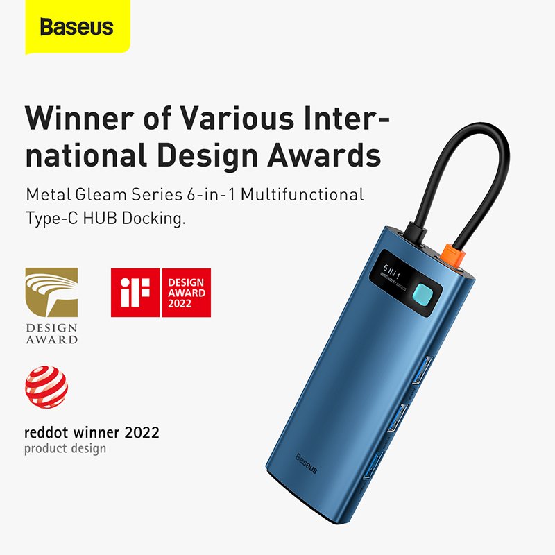 Baseus 6-in-1 Metal Type-C HUB Gleam Series Multifunctional Docking Station Blue - 1 Year Warranty - Image 3