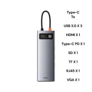 Baseus 9-in-1 Metal Gleam / Star Joy Series Multifunctional HUB (Type C to USB 3.0*3 / HDMI*1 / VGA*1 / RJ45 Network 1000MBPS*1 / SD& TF card reader / Type C PD*1) - CAHUB-CU0G- 1 Year Warranty