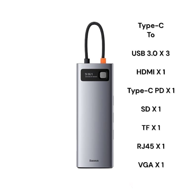 Baseus 9-in-1 Metal Gleam / Star Joy Series Multifunctional HUB (Type C to USB 3.0*3 / HDMI*1 / VGA*1 / RJ45 Network 1000MBPS*1 / SD& TF card reader / Type C PD*1) - CAHUB-CU0G- 1 Year Warranty