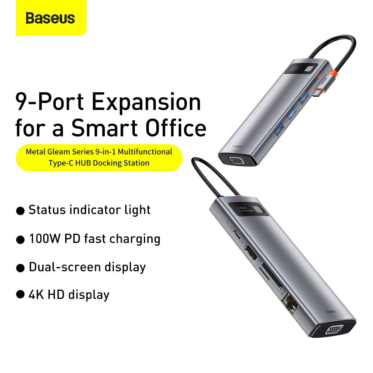 Baseus 9-in-1 Metal Gleam / Star Joy Series Multifunctional HUB (Type C to USB 3.0*3 / HDMI*1 / VGA*1 / RJ45 Network 1000MBPS*1 / SD& TF card reader / Type C PD*1) - CAHUB-CU0G- 1 Year Warranty - Image 2