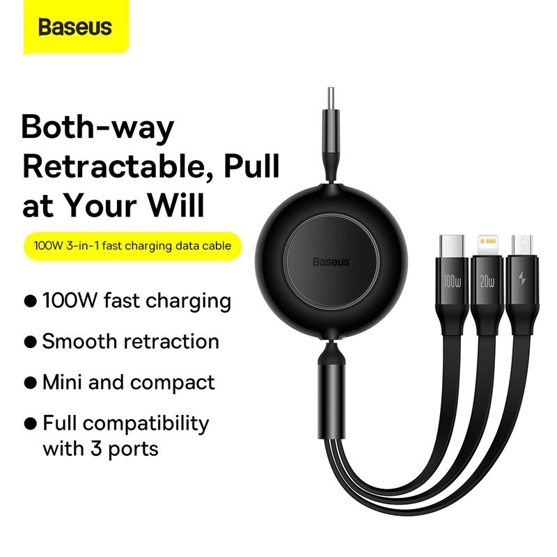 Baseus Bright Mirror 2 Series 1.1 Meter Type-C to M+L+C Retractable 100W Cable - Image 2