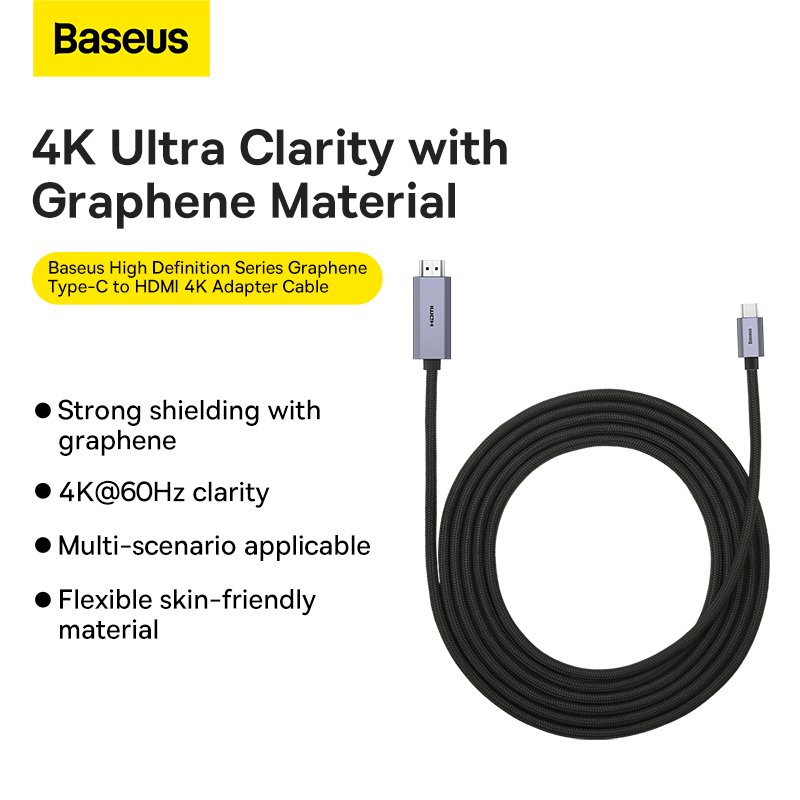 Baseus 3m Type-C to HDMI 4K Adapter Cable High Definition Series Graphene - Black- 1 Year Warranty - Image 10