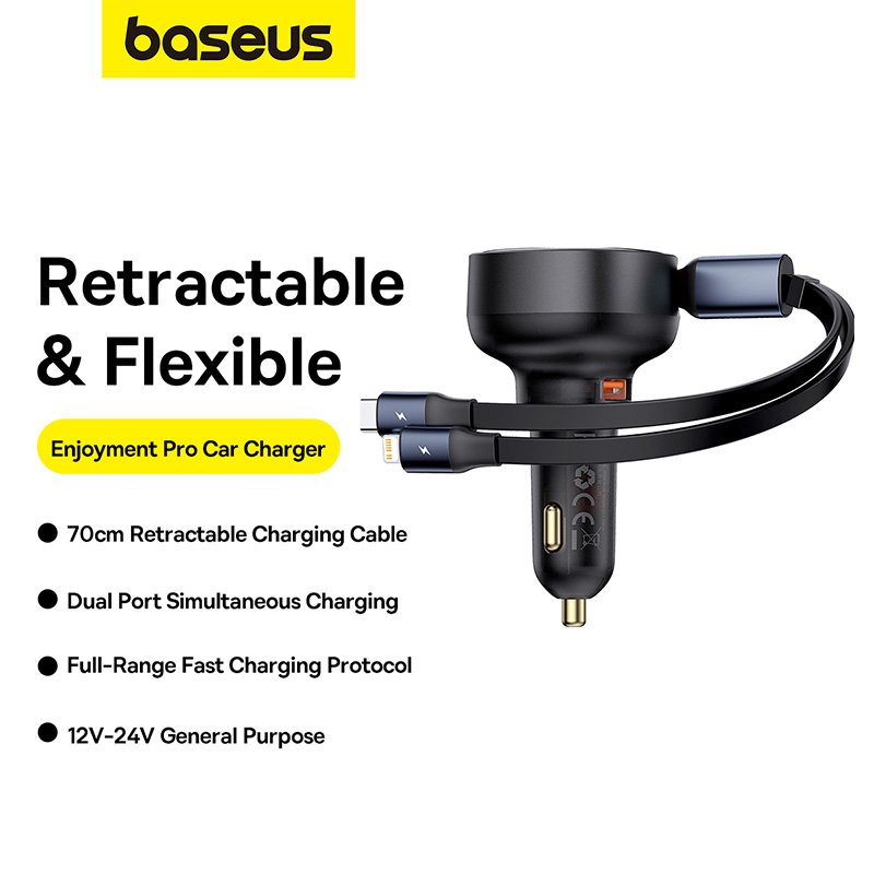 Baseus 60W Enjoyment Pro Car Charger U+Retractable C & Lightning Cable - Image 10