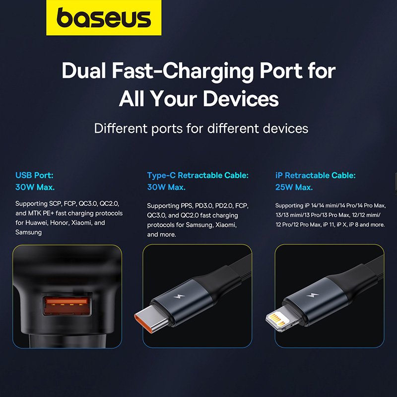 Baseus 60W Enjoyment Pro Car Charger U+Retractable C & Lightning Cable - Image 12