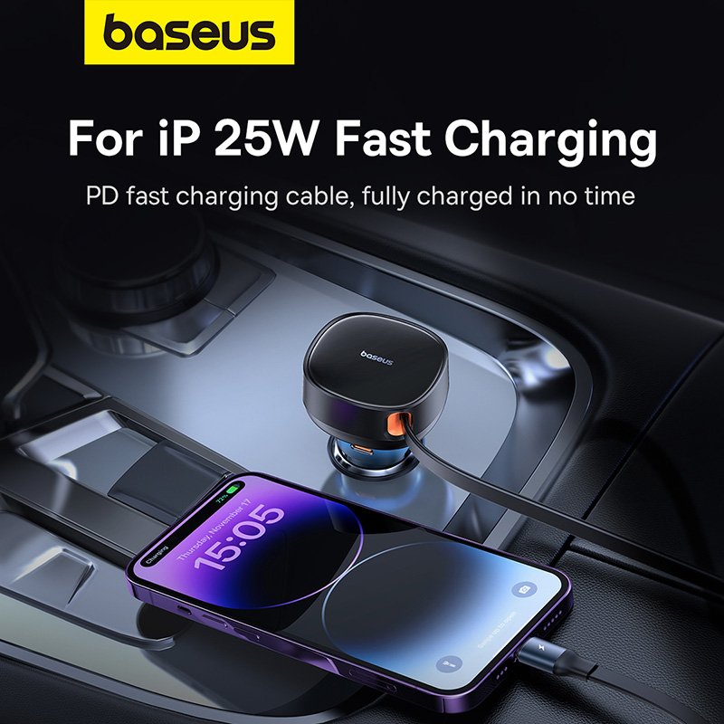 Baseus 60W Enjoyment Pro Car Charger U+Retractable C & Lightning Cable - Image 13