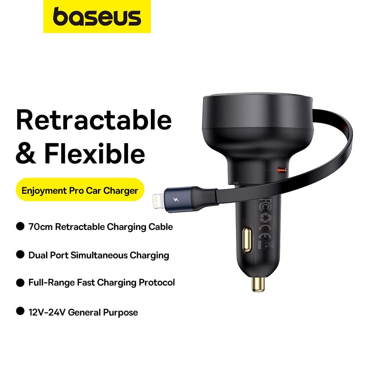 Baseus 55W Enjoyment Pro Car Charger C+Retractable iP Cable Cluster Black - 1Y - Image 5