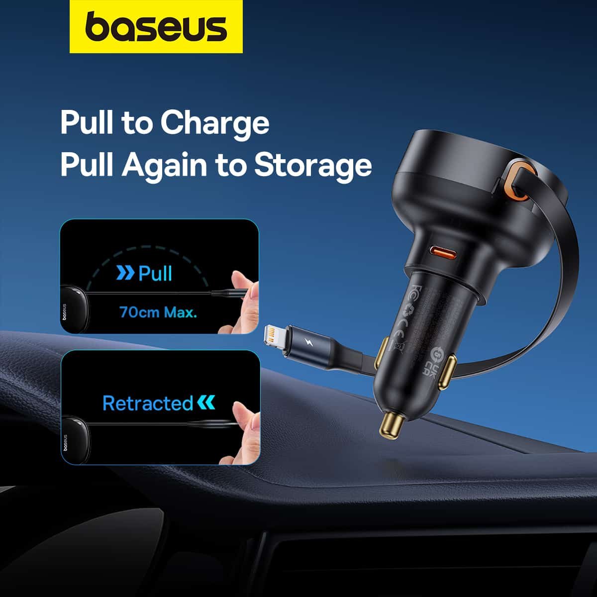 Baseus 55W Enjoyment Pro Car Charger C+Retractable iP Cable Cluster Black - 1Y - Image 6
