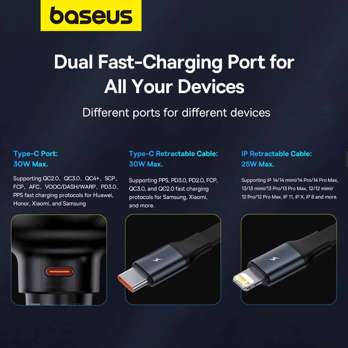 Baseus 55W Enjoyment Pro Car Charger C+Retractable iP Cable Cluster Black - 1Y - Image 7