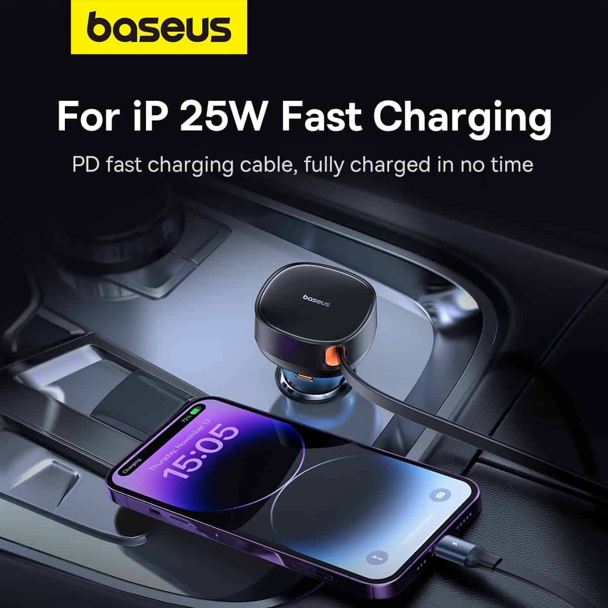 Baseus 55W Enjoyment Pro Car Charger C+Retractable iP Cable Cluster Black - 1Y - Image 8