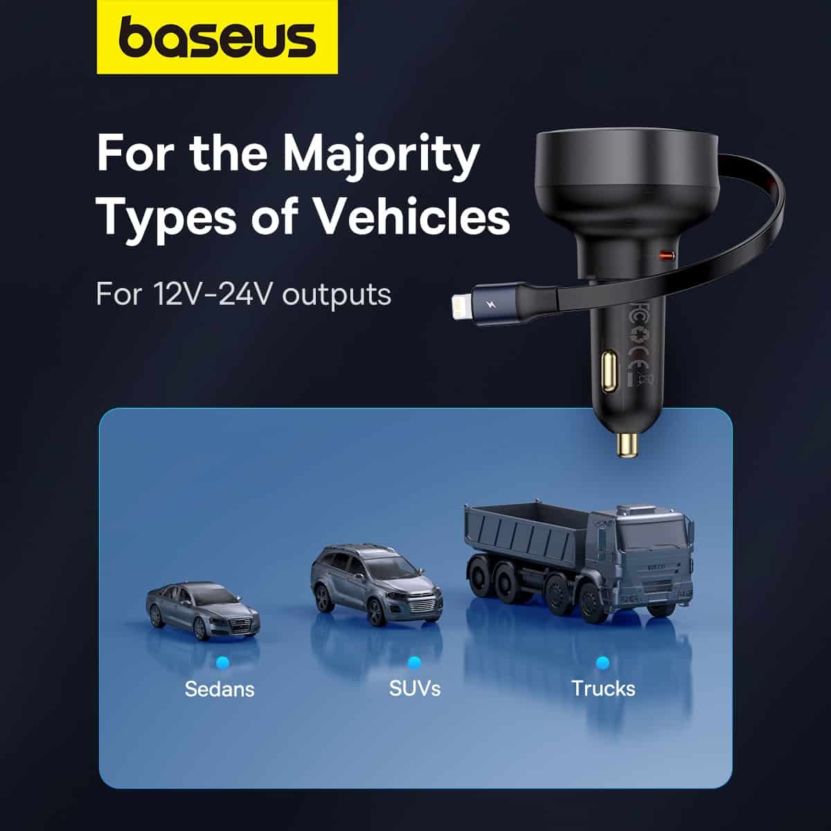 Baseus 55W Enjoyment Pro Car Charger C+Retractable iP Cable Cluster Black - 1Y - Image 10