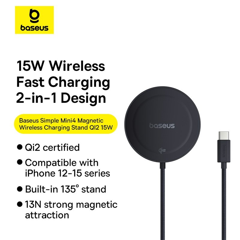 Baseus 15W Simple Mini4 Magnetic Wireless Charging Stand Qi2 Universal - Cosmic Black - 1Y - Image 12