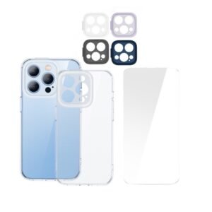 Baseus Illusion Series iP 14 Pro Protective Case for (With clear/Black/Blue/Purple Camera Lens Frames and Full Coverage Tempered Glass Screen Protector and Cleaning kit)-ARHJ000102