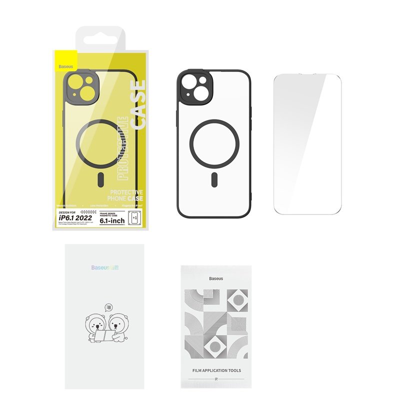 Baseus iPhone 14 Plus Frame Series Magnetic Case (Pack of 1 with Full Coverage Tempered Glass Screen Protector and Cleaning kit), Black - ARJT030001 - Image 9