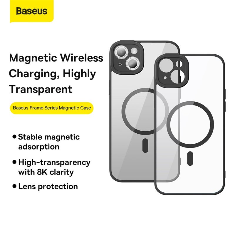 Baseus iPhone 14 Plus Frame Series Magnetic Case (Pack of 1 with Full Coverage Tempered Glass Screen Protector and Cleaning kit), Black - ARJT030001 - Image 2