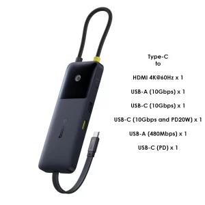 Baseus Dual Fast Charging 6-in-1 HUB (Type-C to HDMI 4K@60Hz1+USB-A (10Gbps)1+USB-C (10Gbps)1+USB-C (10Gbps and PD20W)1+USB-A (480Mbps)1+USB-C (PD)1 ) - Cosmic Black - B00070902123-00 Baseuscolomb