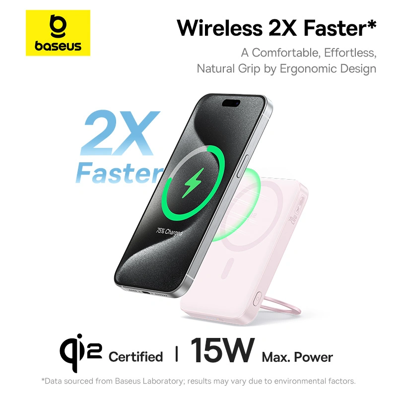 Baseus PicoGo Qi2 5000mAh 20W Magnetic Power Bank with Rotatable Stand (with Simple Series Charging Cable Type-C to Type-C (20V3A) 30cm White) - Baby Pink - P10076800413-00