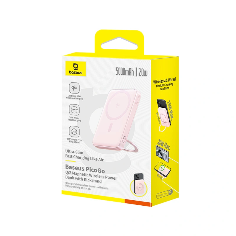 Baseus PicoGo Qi2 5000mAh 20W Magnetic Power Bank with Rotatable Stand (with Simple Series Charging Cable Type-C to Type-C (20V3A) 30cm White) - Baby Pink - P10076800413-00