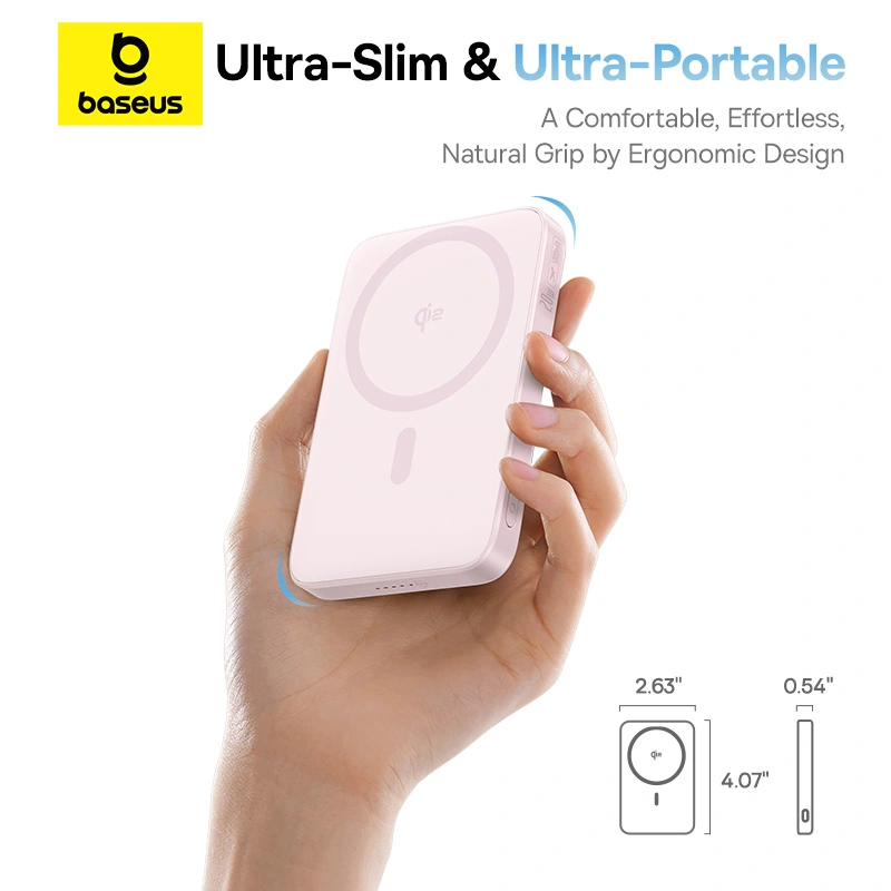 Baseus PicoGo Qi2 5000mAh 20W Magnetic Power Bank with Rotatable Stand (with Simple Series Charging Cable Type-C to Type-C (20V3A) 30cm White) - Baby Pink - P10076800413-00