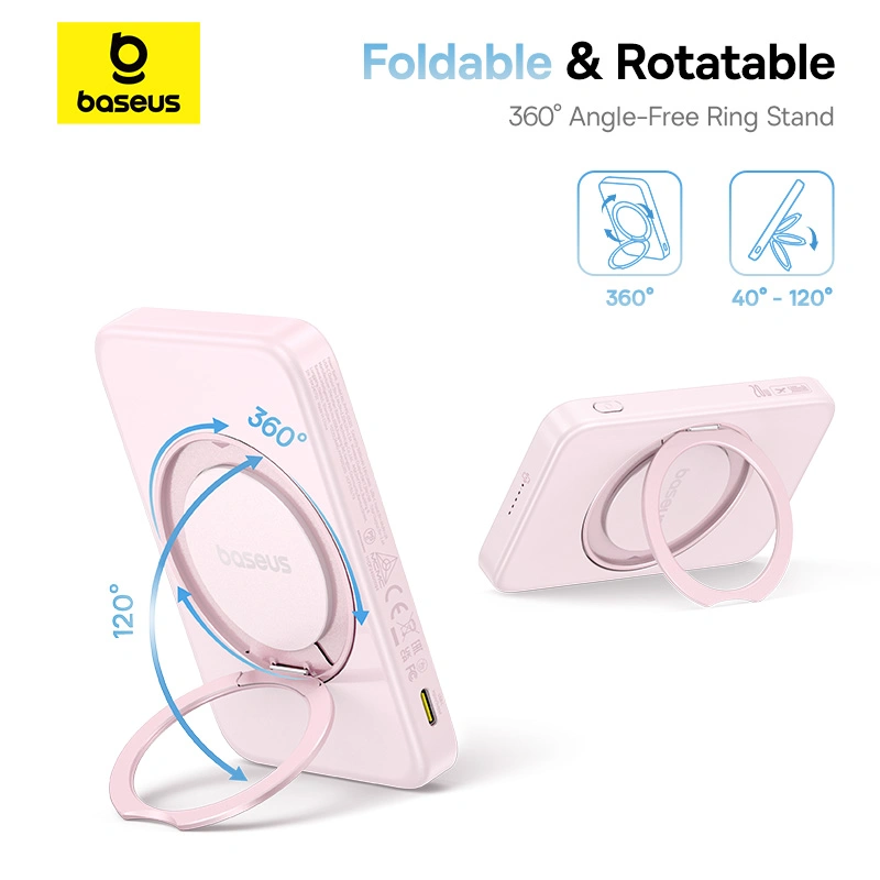 Baseus PicoGo Qi2 5000mAh 20W Magnetic Power Bank with Rotatable Stand (with Simple Series Charging Cable Type-C to Type-C (20V3A) 30cm White) - Baby Pink - P10076800413-00
