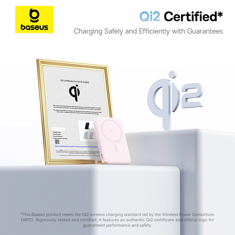 Baseus PicoGo Qi2 5000mAh 20W Magnetic Power Bank with Rotatable Stand (with Simple Series Charging Cable Type-C to Type-C (20V3A) 30cm White) - Baby Pink - P10076800413-00