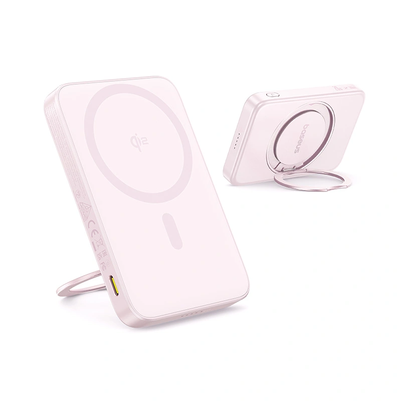 Baseus PicoGo Qi2 5000mAh 20W Magnetic Power Bank with Rotatable Stand (with Simple Series Charging Cable Type-C to Type-C (20V3A) 30cm White) - Baby Pink - P10076800413-00