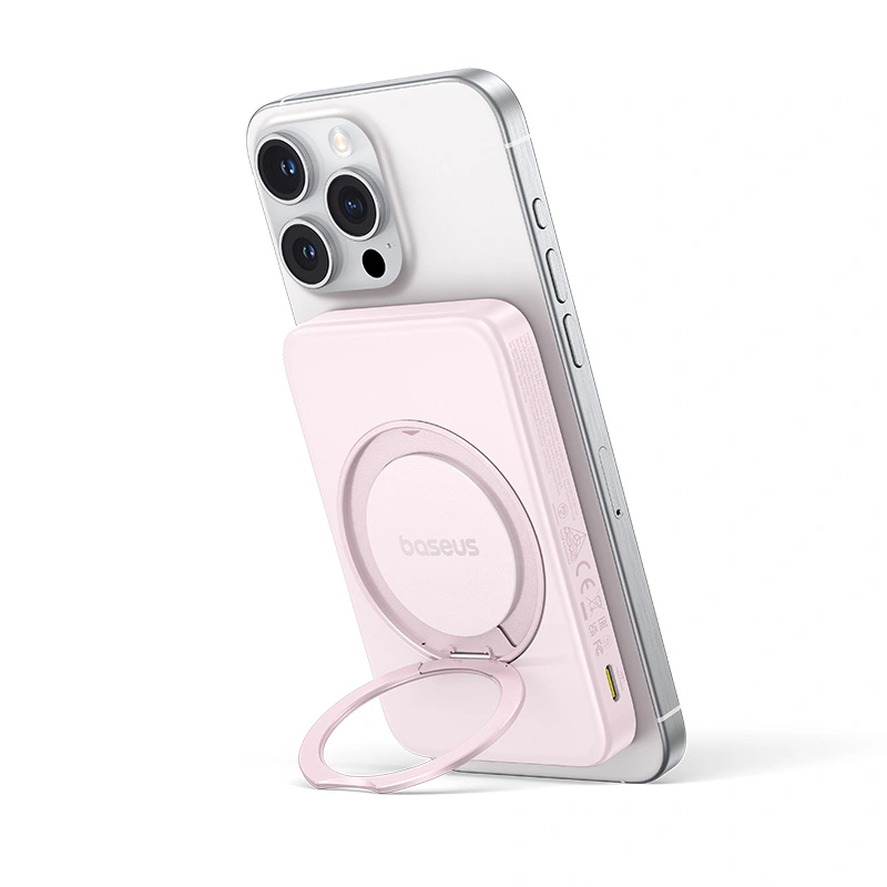 Baseus PicoGo Qi2 5000mAh 20W Magnetic Power Bank with Rotatable Stand (with Simple Series Charging Cable Type-C to Type-C (20V3A) 30cm White) - Baby Pink - P10076800413-00