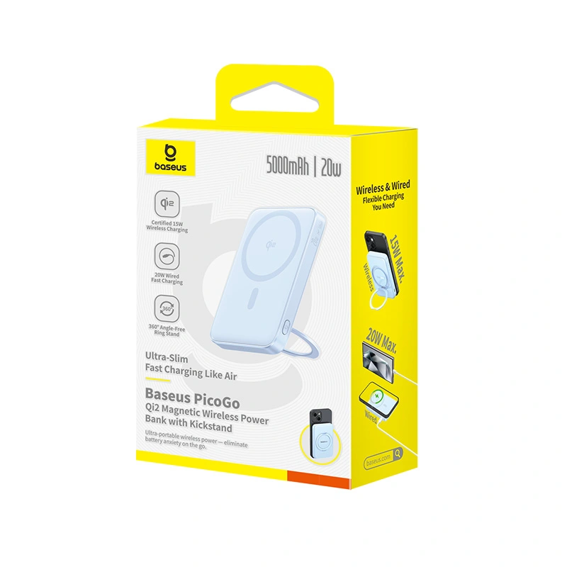 Baseus PicoGo Qi2 5000mAh 20W Magnetic Power Bank with Rotatable Stand (with Simple Series Charging Cable Type-C to Type-C (20V3A) 30cm White) - Galaxy Blue - P10076800313-00