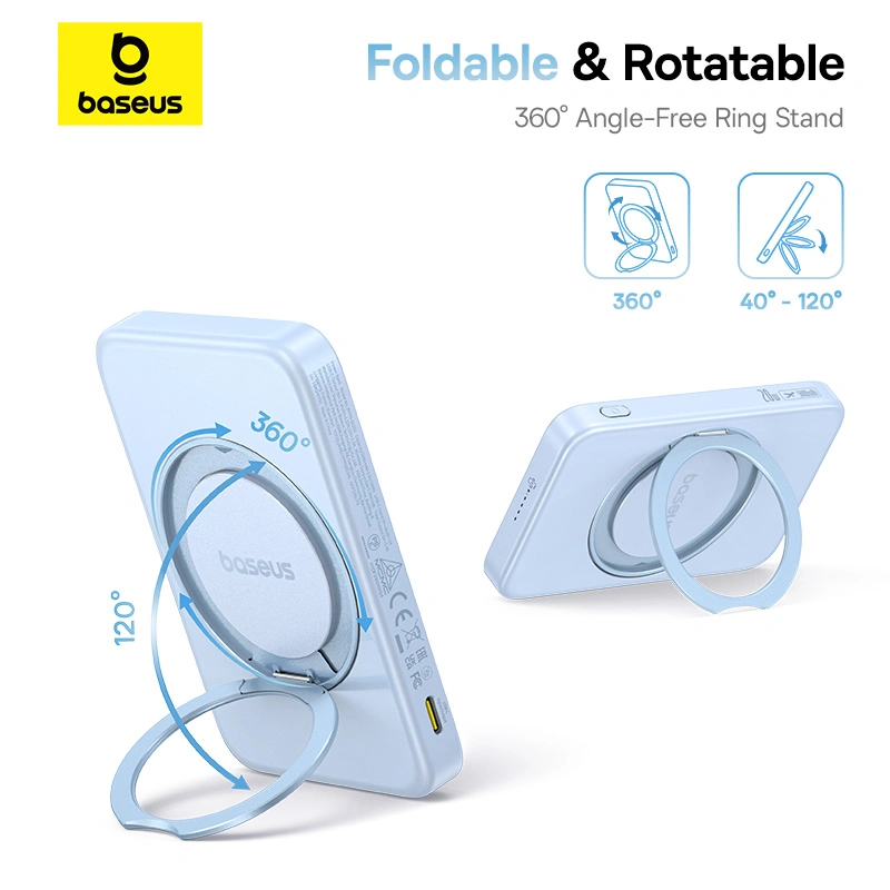 Baseus PicoGo Qi2 5000mAh 20W Magnetic Power Bank with Rotatable Stand (with Simple Series Charging Cable Type-C to Type-C (20V3A) 30cm White) - Galaxy Blue - P10076800313-00