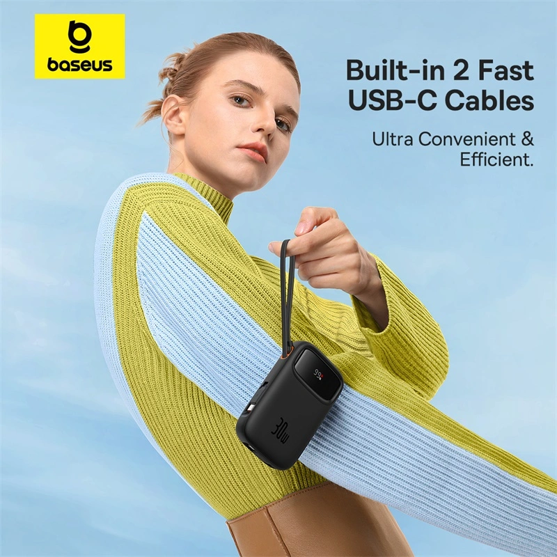 Baseus QPow 2 10000mAh 30W Digital Display Fast-Charging Power Bank with 2 Built-in Type-C Cables - Cluster Black - P10055008113-00