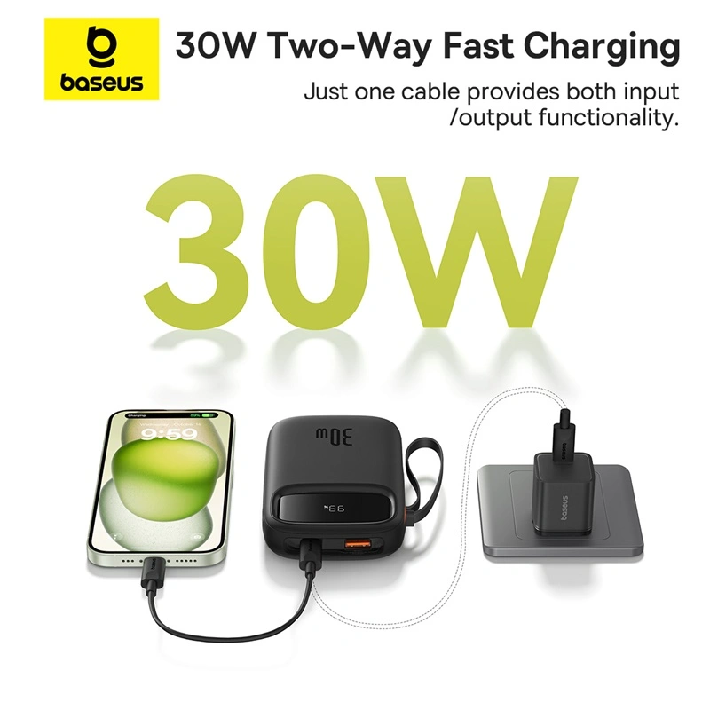 Baseus QPow 2 10000mAh 30W Digital Display Fast-Charging Power Bank with 2 Built-in Type-C Cables - Cluster Black - P10055008113-00