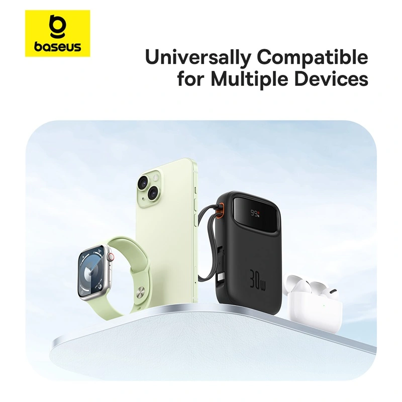 Baseus QPow 2 10000mAh 30W Digital Display Fast-Charging Power Bank with 2 Built-in Type-C Cables - Cluster Black - P10055008113-00