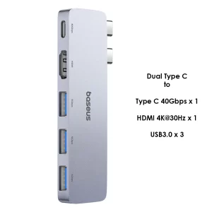 Baseus UltraJoy Series 5-Port HUB (Direct-Link Type) (Dual Type C to Type C 40Gbps1+HDMI 4K@30Hz1+USB3.03) - Space Grey - B00052801811-04 Baseuscolombo