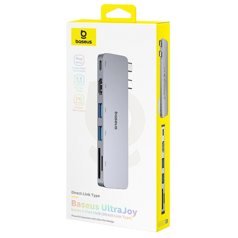 Baseus UltraJoy Series 6-Port HUB (Direct-Link Type) (Type C 2 to USB-C 40Gbps1+HDMI 4K@30Hz1+USB3.02+SDTF3.01) - Space Grey - B00052802811-04 Baseuscolombo