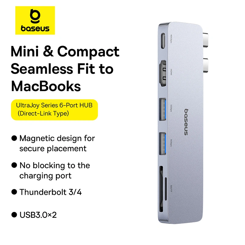 Baseus UltraJoy Series 6-Port HUB (Direct-Link Type) (Type C 2 to USB-C 40Gbps1+HDMI 4K@30Hz1+USB3.02+SDTF3.01) - Space Grey - B00052802811-04 Baseuscolombo