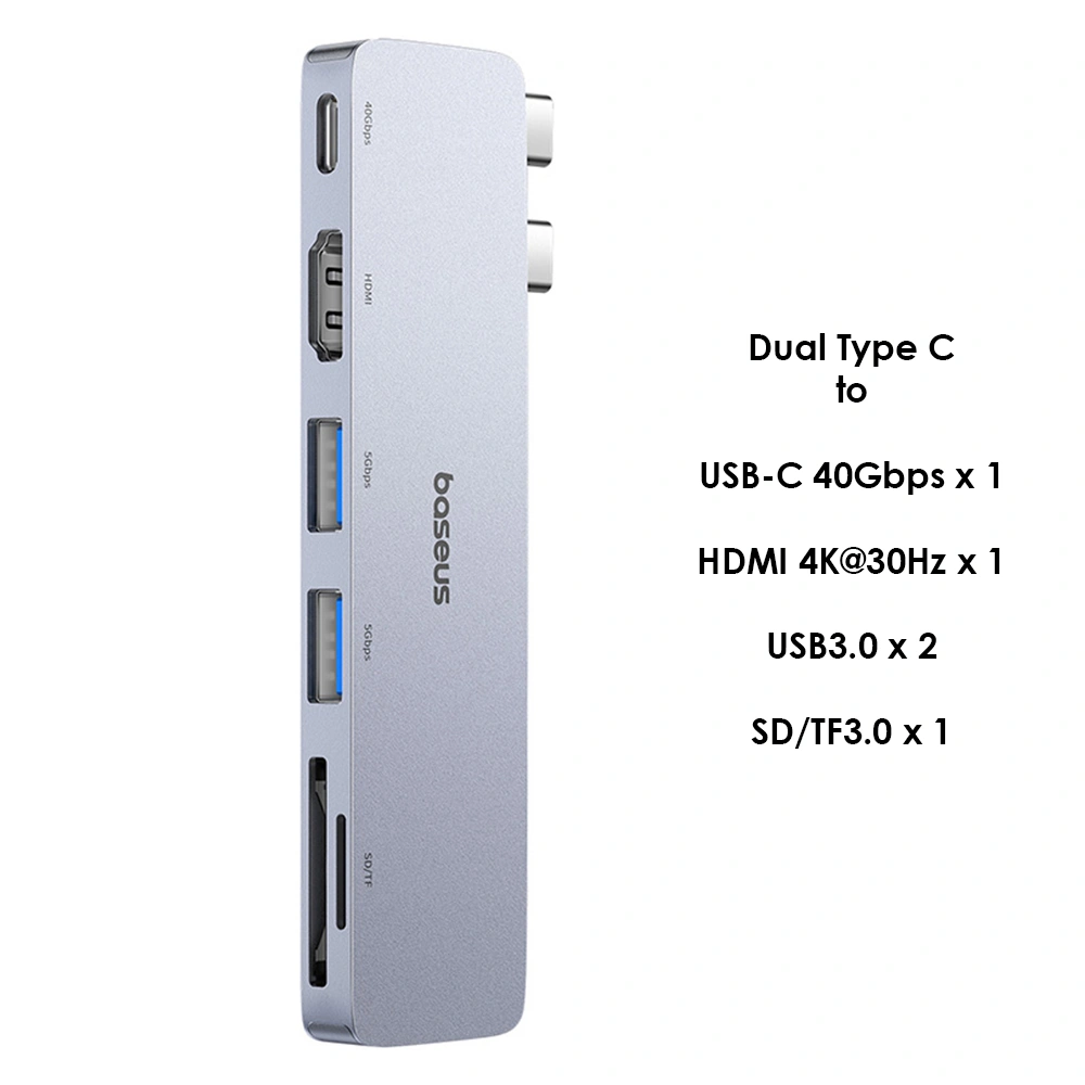 Baseus UltraJoy Series 6-Port HUB (Direct-Link Type) (Type C 2 to USB-C 40Gbps1+HDMI 4K@30Hz1+USB3.02+SDTF3.01) - Space Grey - B00052802811-04 Baseuscolombo