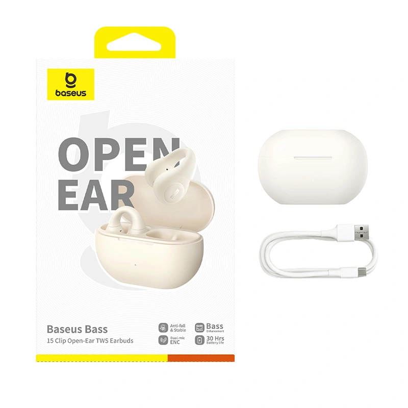 Baseus Bass 15 Clip Open-Ear True Wireless Earphones (With Simple charging cable Type-C 3A 0.3m White-Baseus new logo) 1 - Stellar White - A00079500223-00 Baseuscolombo