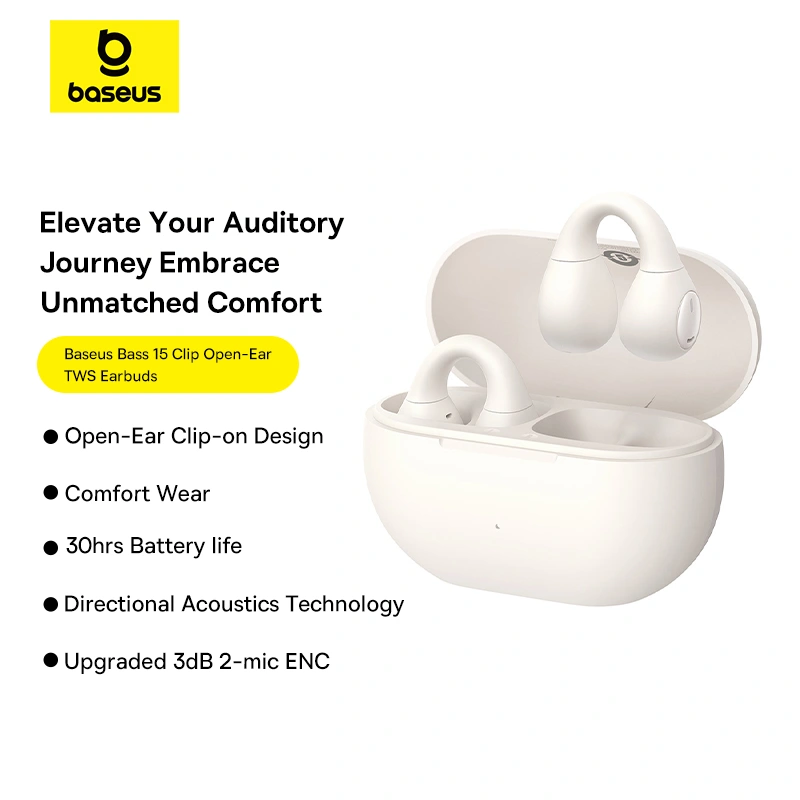Baseus Bass 15 Clip Open-Ear True Wireless Earphones (With Simple charging cable Type-C 3A 0.3m White-Baseus new logo) 1 - Stellar White - A00079500223-00 Baseuscolombo