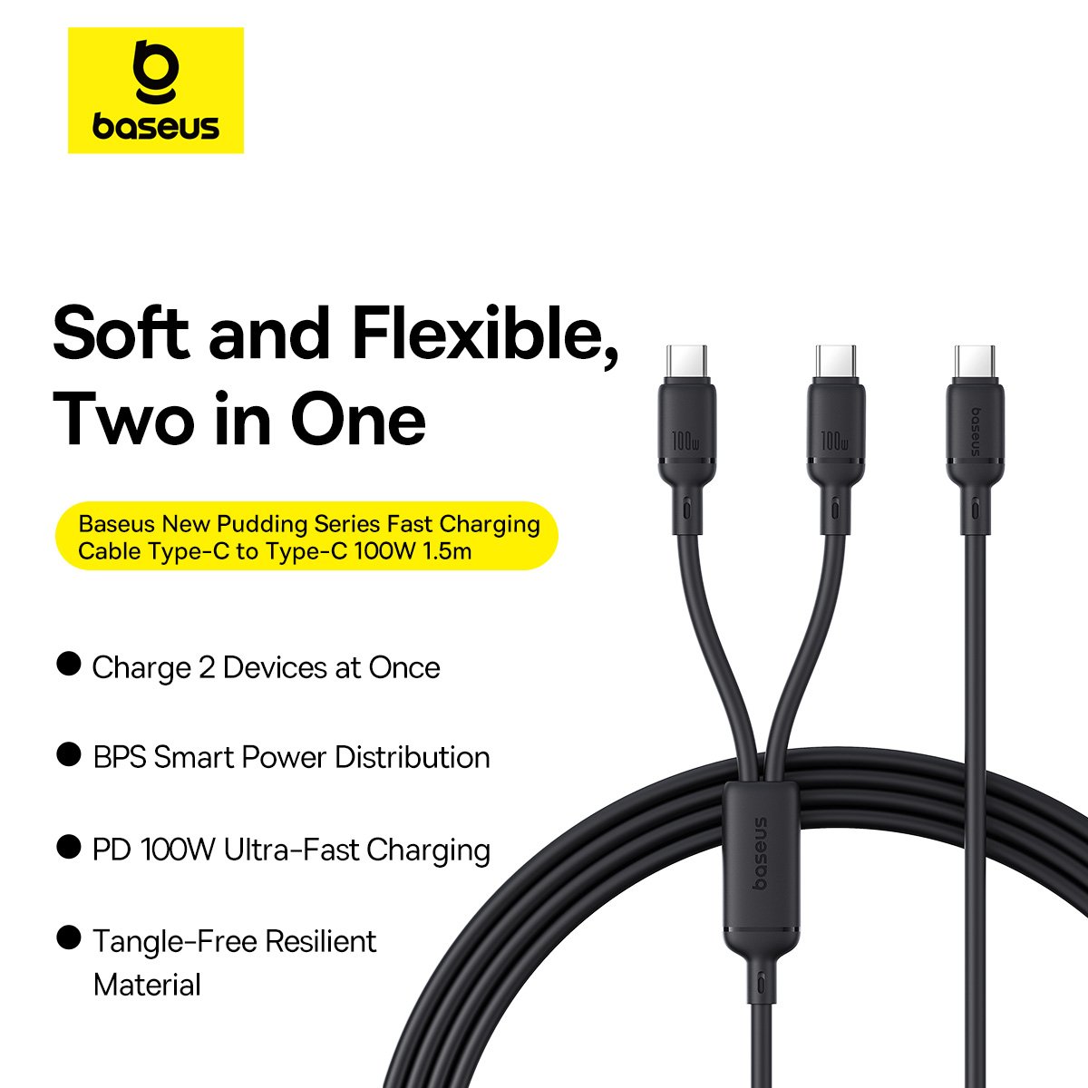 Baseus New Pudding Series 1.5Meter 100W Type-C to Dual Type-C Fast Charging Cable - Image 9