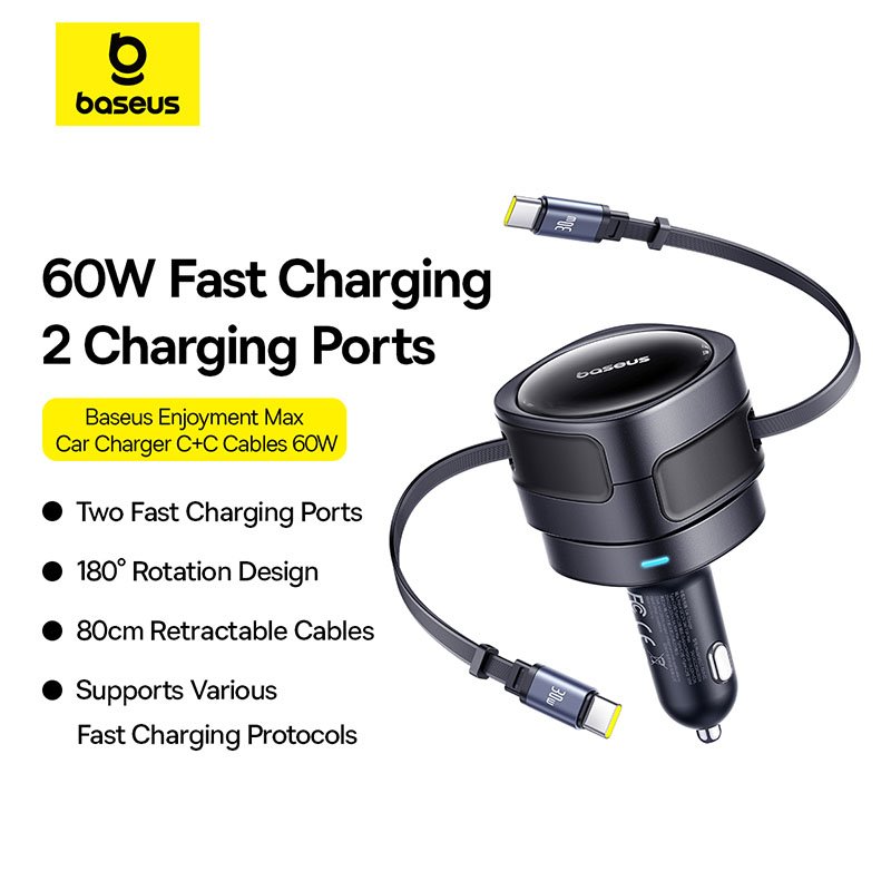 Baseus Enjoyment Max Car Charger C+C Cables 60W Cosmic Black - Image 15
