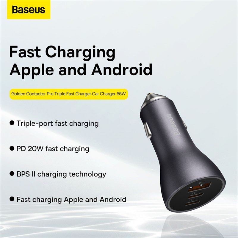 Baseus Golden Contactor Pro Triple Fast Charger Car Charger 65W U+C+C Dark Gray - Image 14